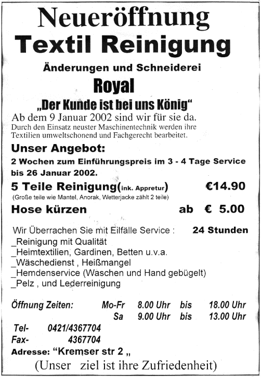 Wurfsendung einer Textilreinigung - 09.01.2002