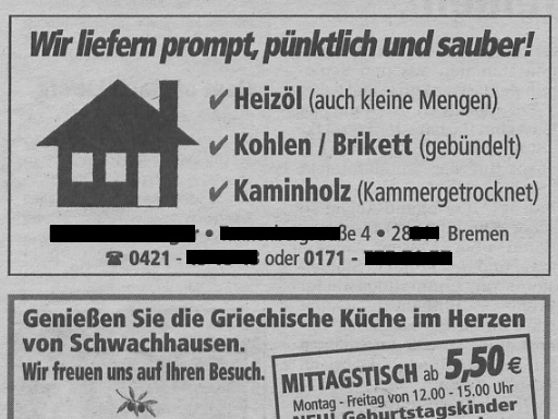 Zwei Anzeigen im 'Bremer Anzeiger' - 13.01.2008