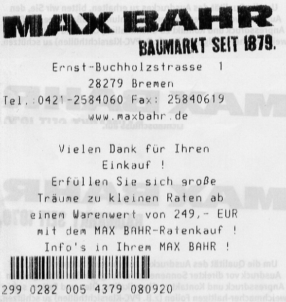 Kassenbon eines Baumarktes - 05.10.2008