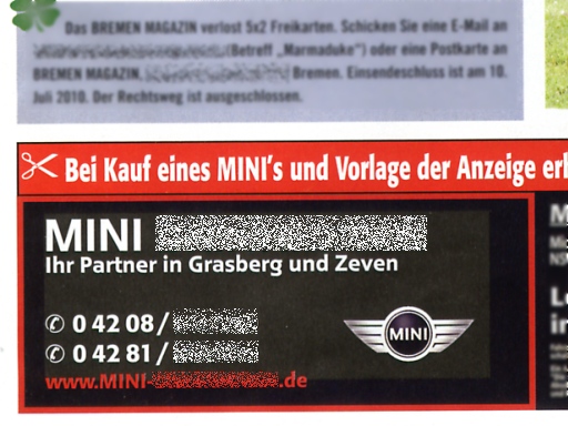 Anzeige im 'Bremen-Magazin' eines Autohauses - 03.07.2010