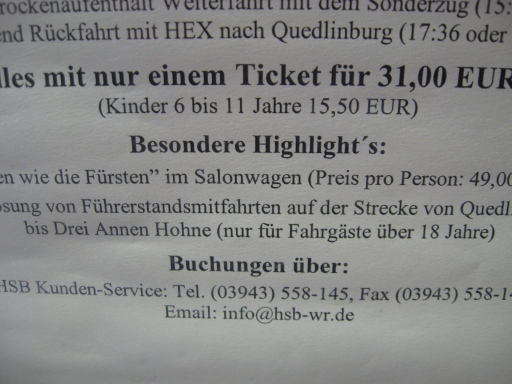 Aushang der Harzer Schmalspurbahnen in Schierke - 01.09.2010