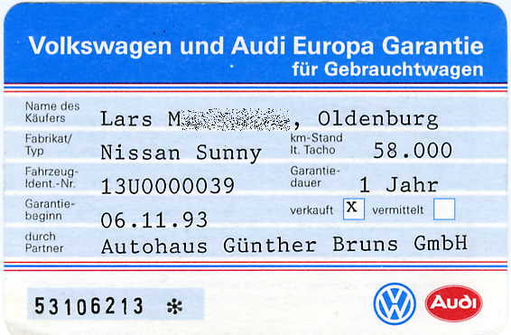 Gebrauchtwagen-Garantiekarte