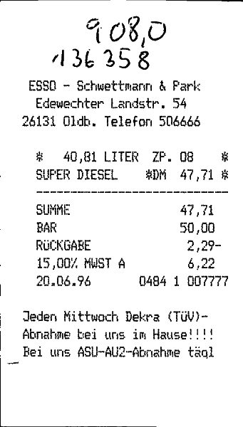 Tankbeleg 20.06.1996 Tankbeleg 20.06.1996